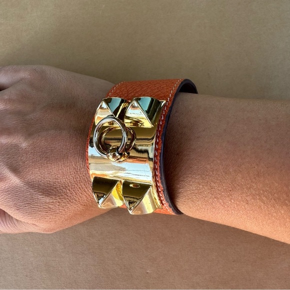 Hermes Collier De Chien Leather Gold Orange Bracelet Small - Picture 2 of 11